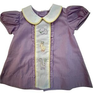 NWT  3 month Mardi Gras Purple Gingham Baby Dress with darling hand Embroidery.
